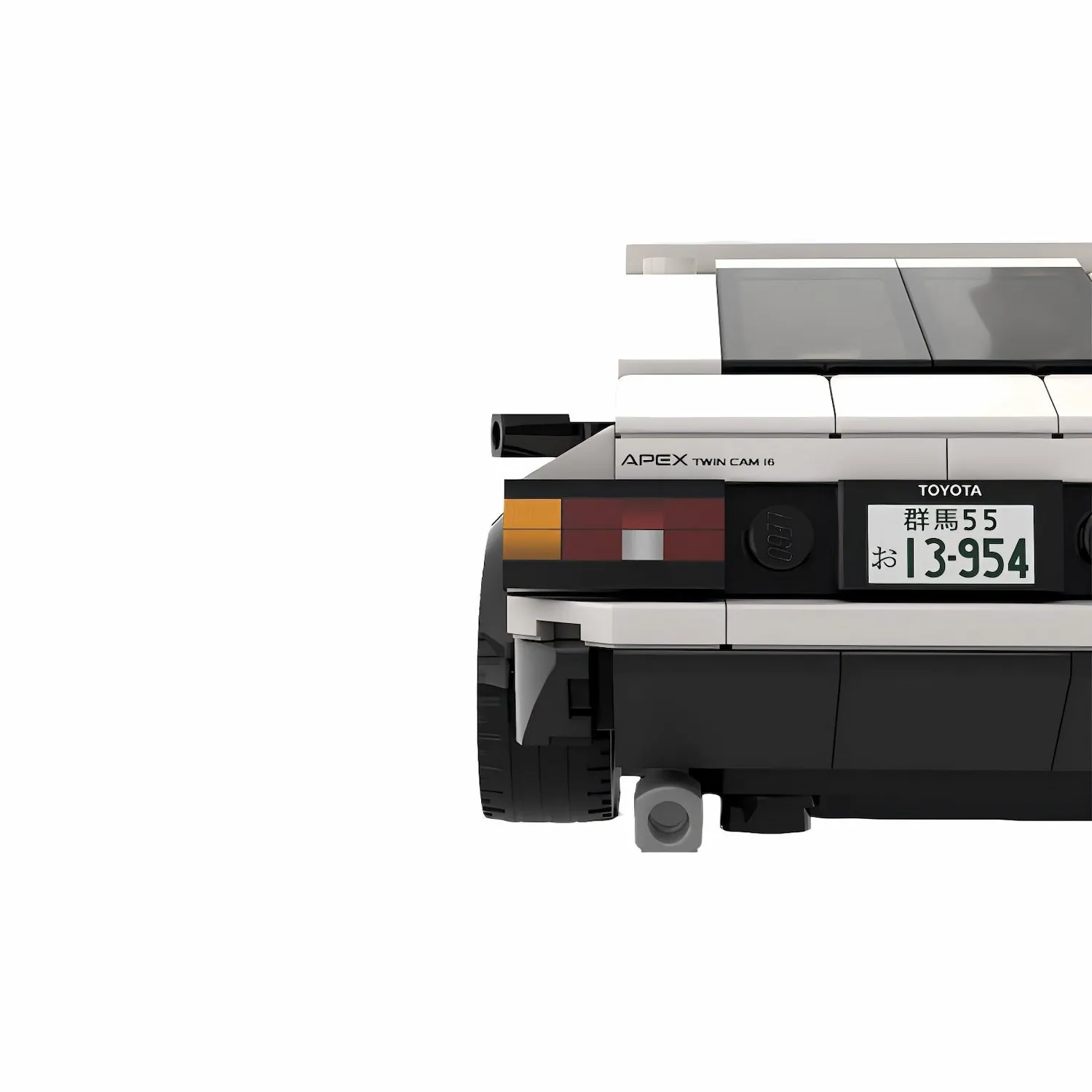 the back of MOC 90968 - Toyota AE86 Sprinter Trueno from Initial D(LEGO Alternative Bricks) in white background
