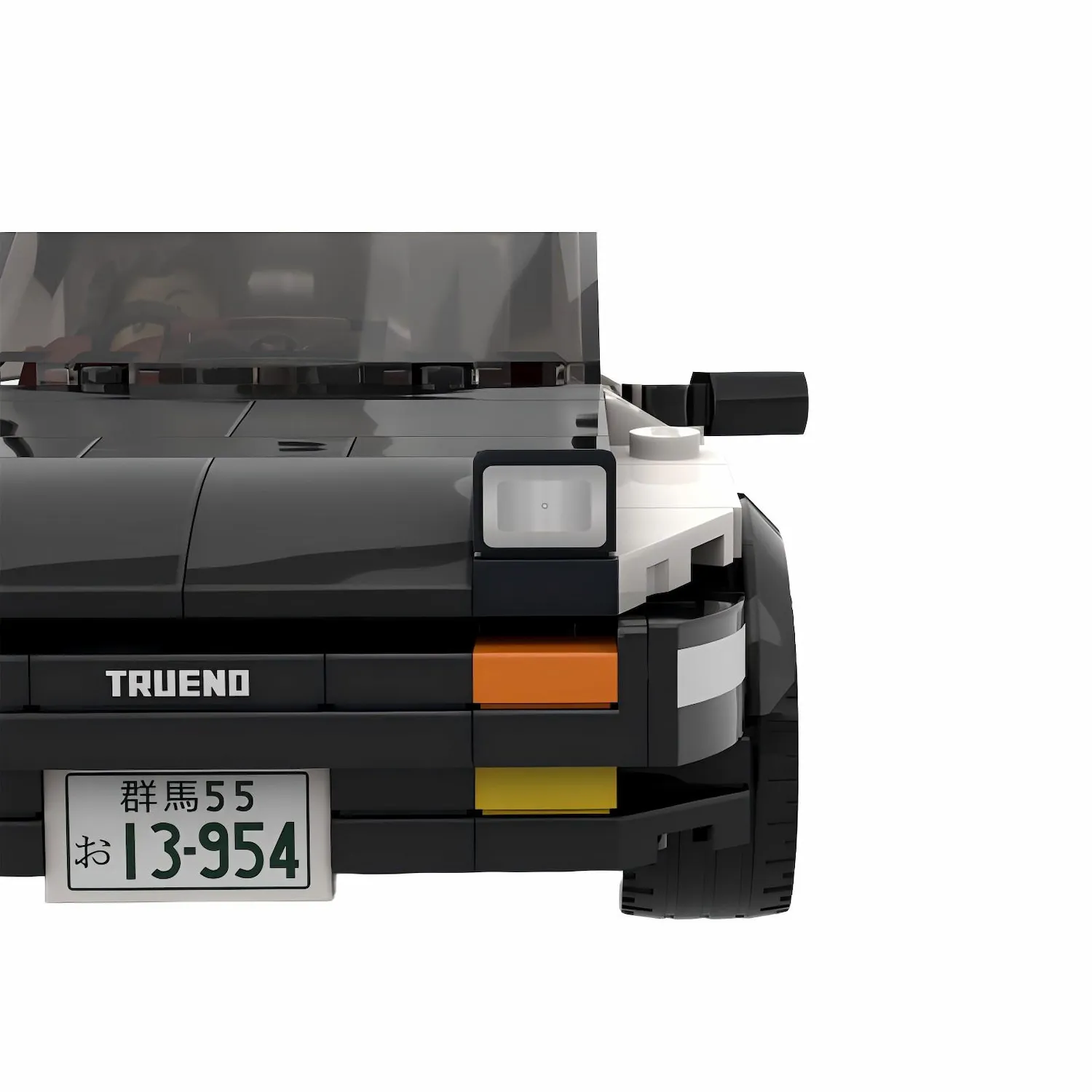 the front of MOC 90968 - Toyota AE86 Sprinter Trueno from Initial D(LEGO Alternative Bricks) in white background