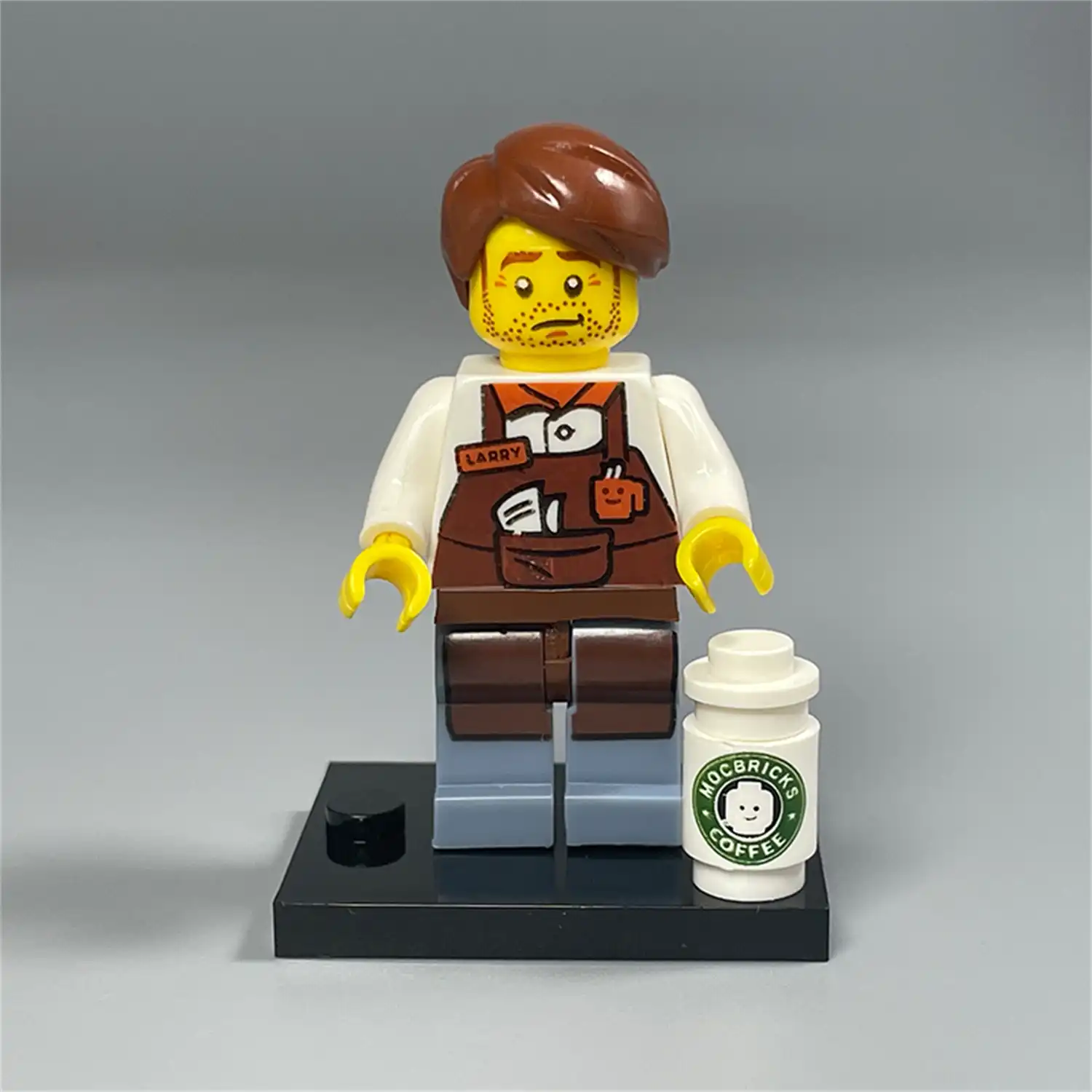Minifigure – Barista Boy with Coffee drink beverage and base (LEGO Alternative)