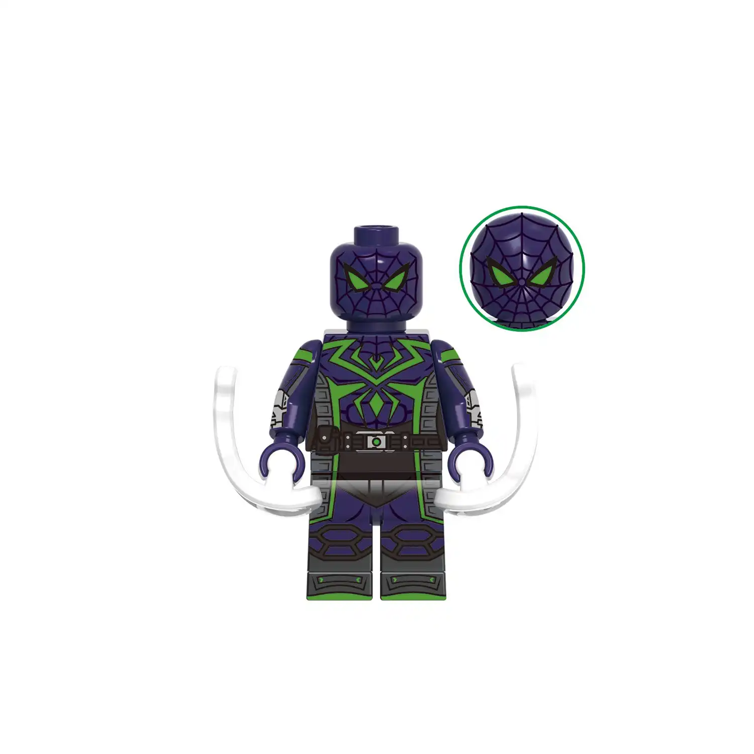 Minifigure - Spider Man Miles Morales in his purple and green 'Purple Reign Suit' (LEGO Alternative)