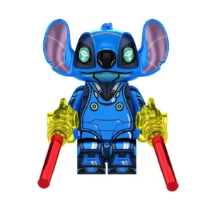 Minifigure – Stitch wearing a blue and black spacesuit or armor and is holding two laser guns or blasters (LEGO Alternative)