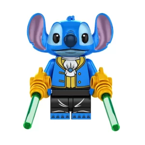 Minifigure – Stitch wearing a formal blue and yellow outfit (jacketcoat) and is holding two laser guns (or blasters) with green beams (LEGO Alternative)