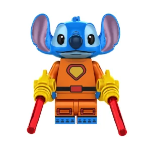 Minifigure – Stitch wearing an orange suit with yellow and red details, and he is holding two laser guns (or blasters) with red beams (LEGO Alternative)