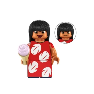 Minifigure – Lilo Pelekai wearing her signature red dress with the white leaf pattern and is holding a pink ice cream cone (LEGO Alternative)