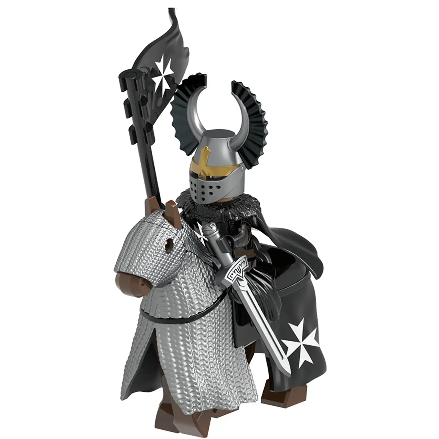 Minifigure Elite Knight Hospitaller mounted on a barded warhorse LEGO Alternative