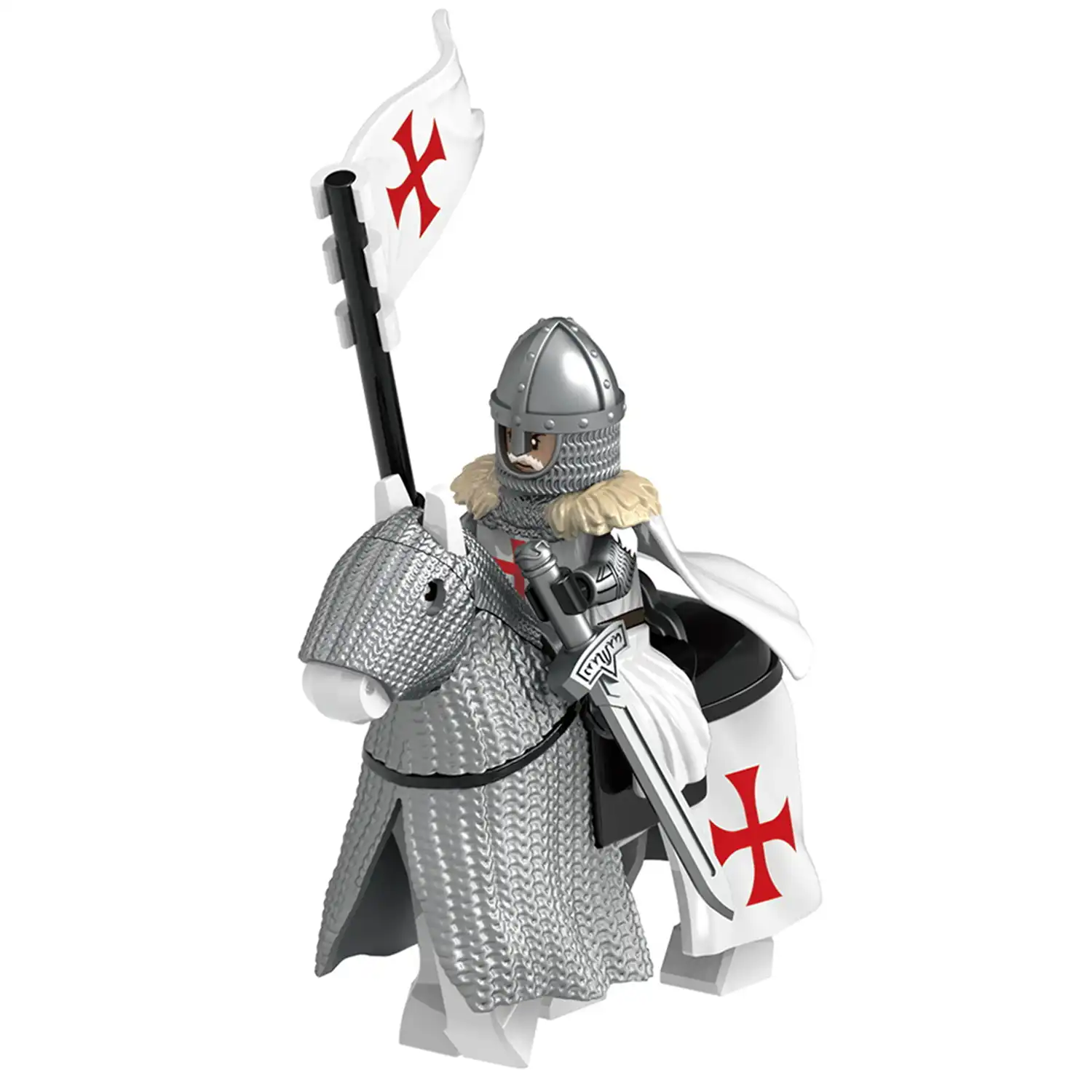 Minifigure Elite Knight Templar mounted on a barded warhorse LEGO Alternative