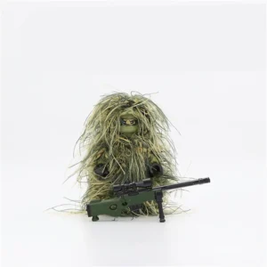 Minifigure - all terrain sniper equipped with a green AWM sniper rifle and a ghillie suit (LEGO Alternative)