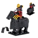 Minifigure samurai warrior in red and black armor and a black warhorse LEGO Alternative