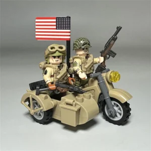 Minifigure – 2 soldiers and a military motorcycle with a sidecar and American flag (LEGO Alternative)