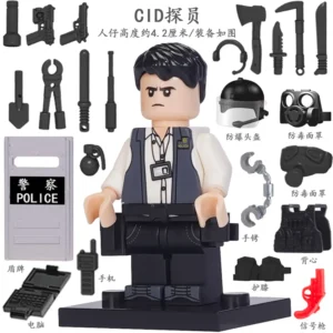 Minifigure – CID Agent Detective and various tool custom pieces (LEGO Alternative)