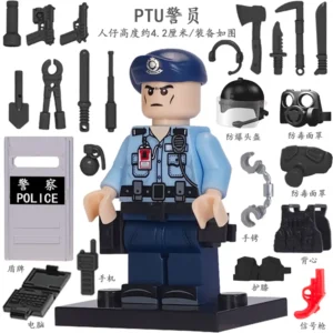 Minifigure – PTU Police Tactical Unit Police Officer and various tool custom pieces (LEGO Alternative)