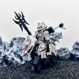 Minifigure – heavily armored knight warrior Guts on a warhorse (LEGO Alternative)