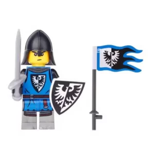 Minifigure – Black Falcon Knight and a matching flag (LEGO Alternative)