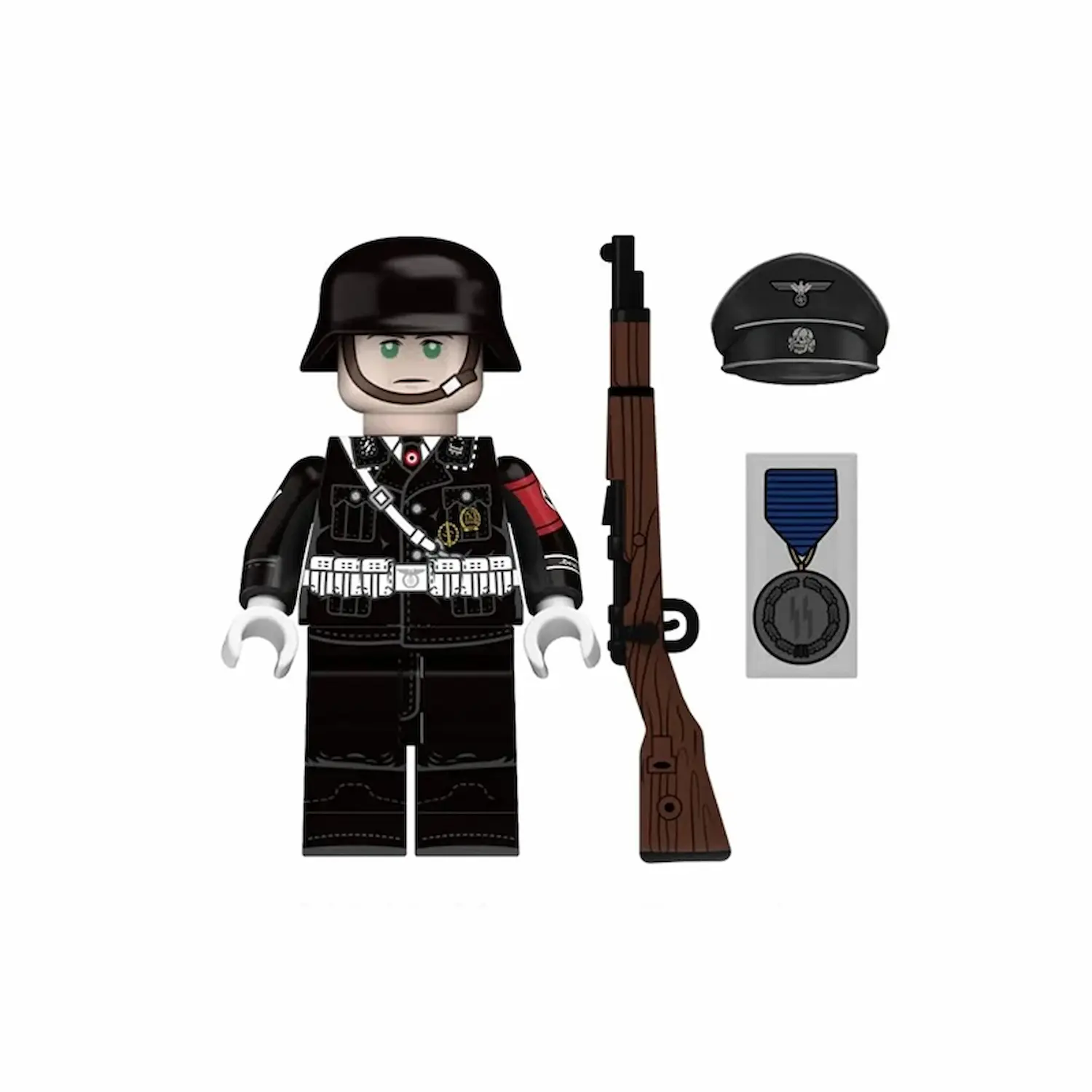 Minifigure - German soldier of the Leibstandarte SS Adolf Hitler (LSSAH) serving as an honor guard in his full ceremonial dress uniform from the World War II (LEGO Compatible) Minifigure - German soldier of the Leibstandarte SS Adolf Hitler (LSSAH) serving as an honor guard in his full ceremonial dress uniform from the World War II (LEGO Compatible)