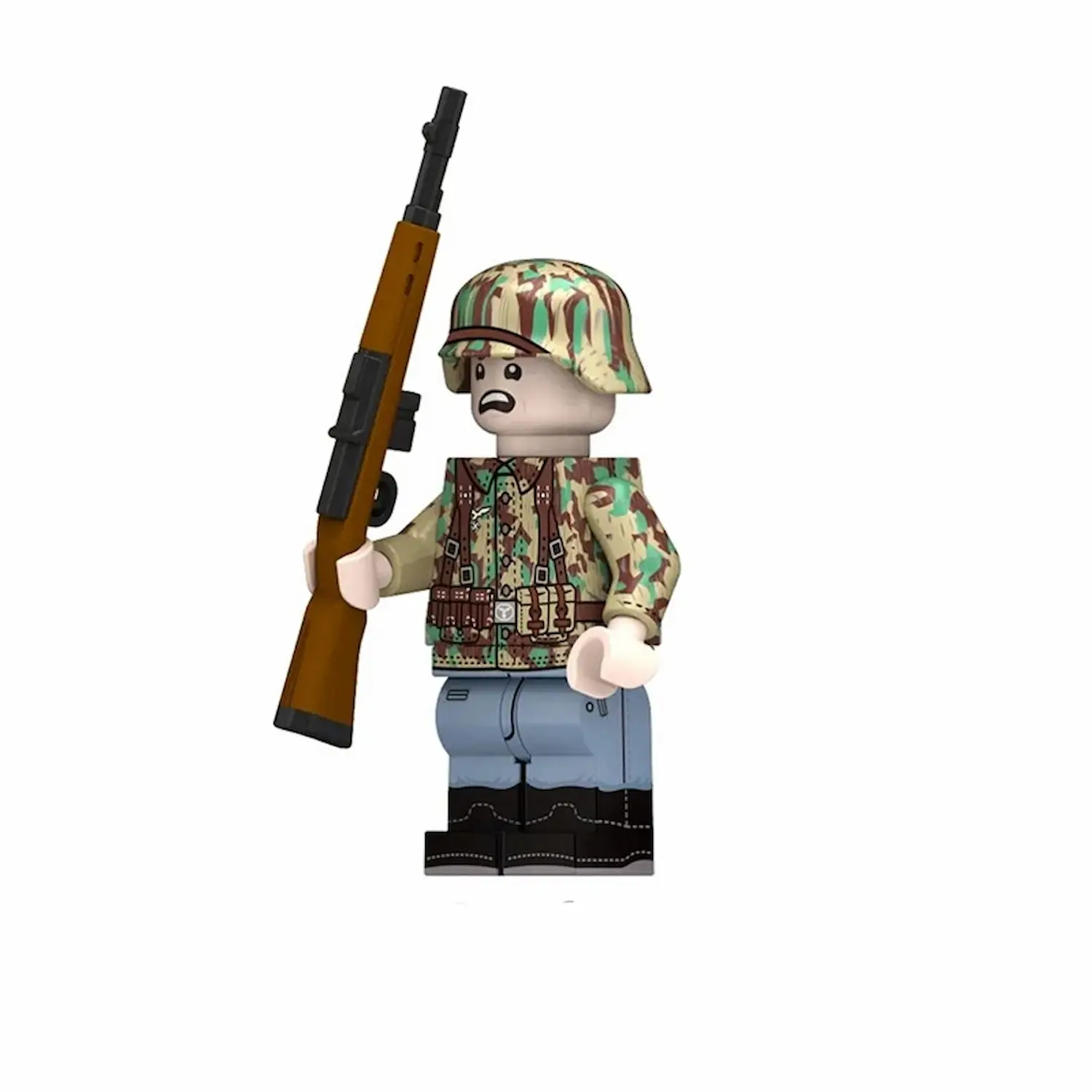 the left side of Minifigure - elite German Fallschirmjäger (paratrooper) of the Luftwaffe (Air Force) from the mid-to-late period of World War II (LEGO Compatible) Minifigure - elite German Fallschirmjäger (paratrooper) of the Luftwaffe (Air Force) from the mid-to-late period of World War II (LEGO Compatible)