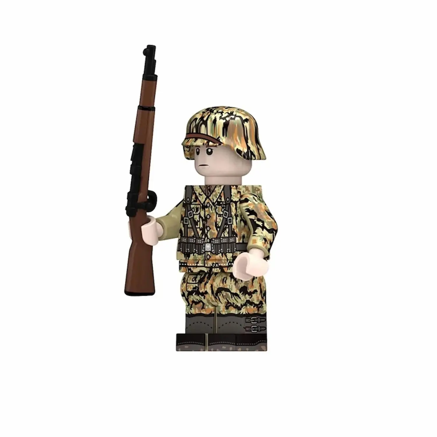 the left side ofMinifigure - German soldier equipped with the revolutionary Leibermuster M45 camouflage from the final months of World War II (LEGO Compatible) Minifigure - German soldier equipped with the revolutionary Leibermuster M45 camouflage from the final months of World War II (LEGO Compatible)