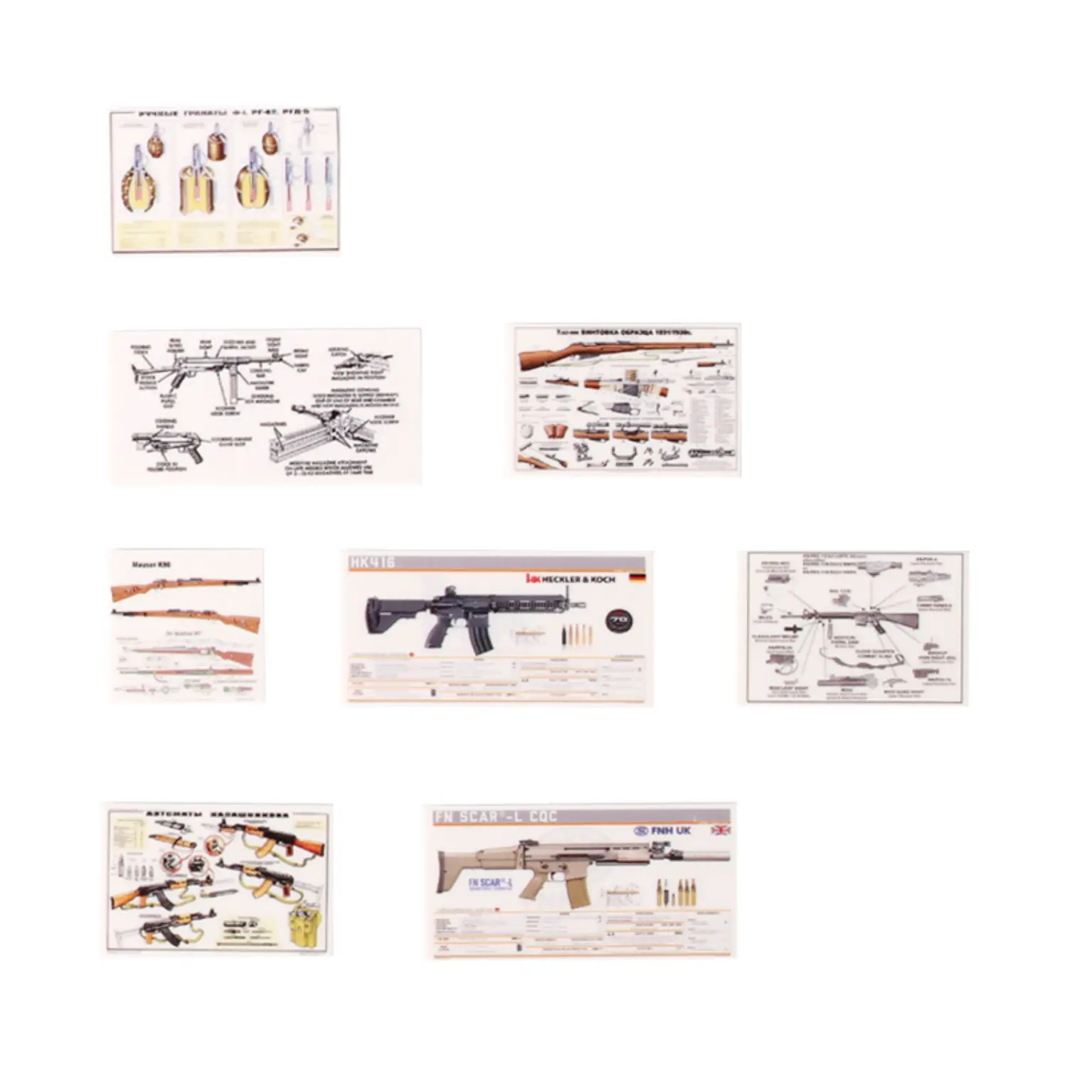 Custom Piece Miniature – a technical diagram, specification sheet, or poster of various real-world firearms and weapons – 3D Print for LEGO minifigure in the white backgrond
