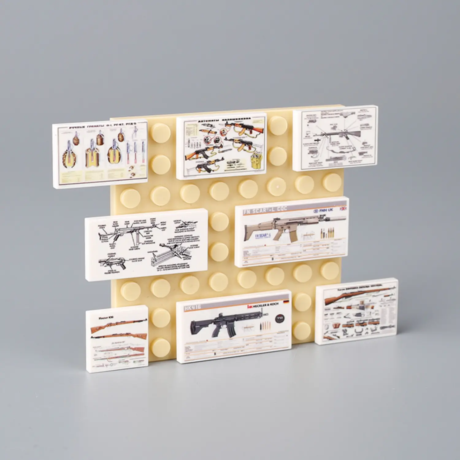 Custom Piece Miniature – a technical diagram, specification sheet, or poster of various real-world firearms and weapons – 3D Print for LEGO minifigure on the yellow lego baseplate