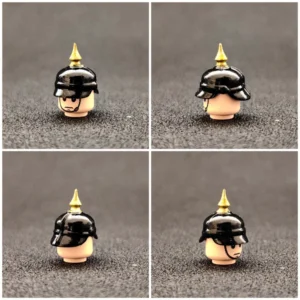 Custom Piece Miniature – German Prussian Pickelhaube Spiked Helmet features a glossy black finish with a prominent gold-colored spike – 3D Print for LEGO minifigure