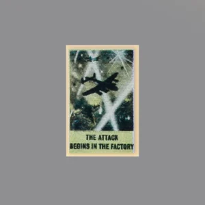 Custom Piece Printed Tile – British WWII home front propaganda poster Features a bomber and the slogan The Attack Begins in the Factory.– 3D Print for LEGO minifigure