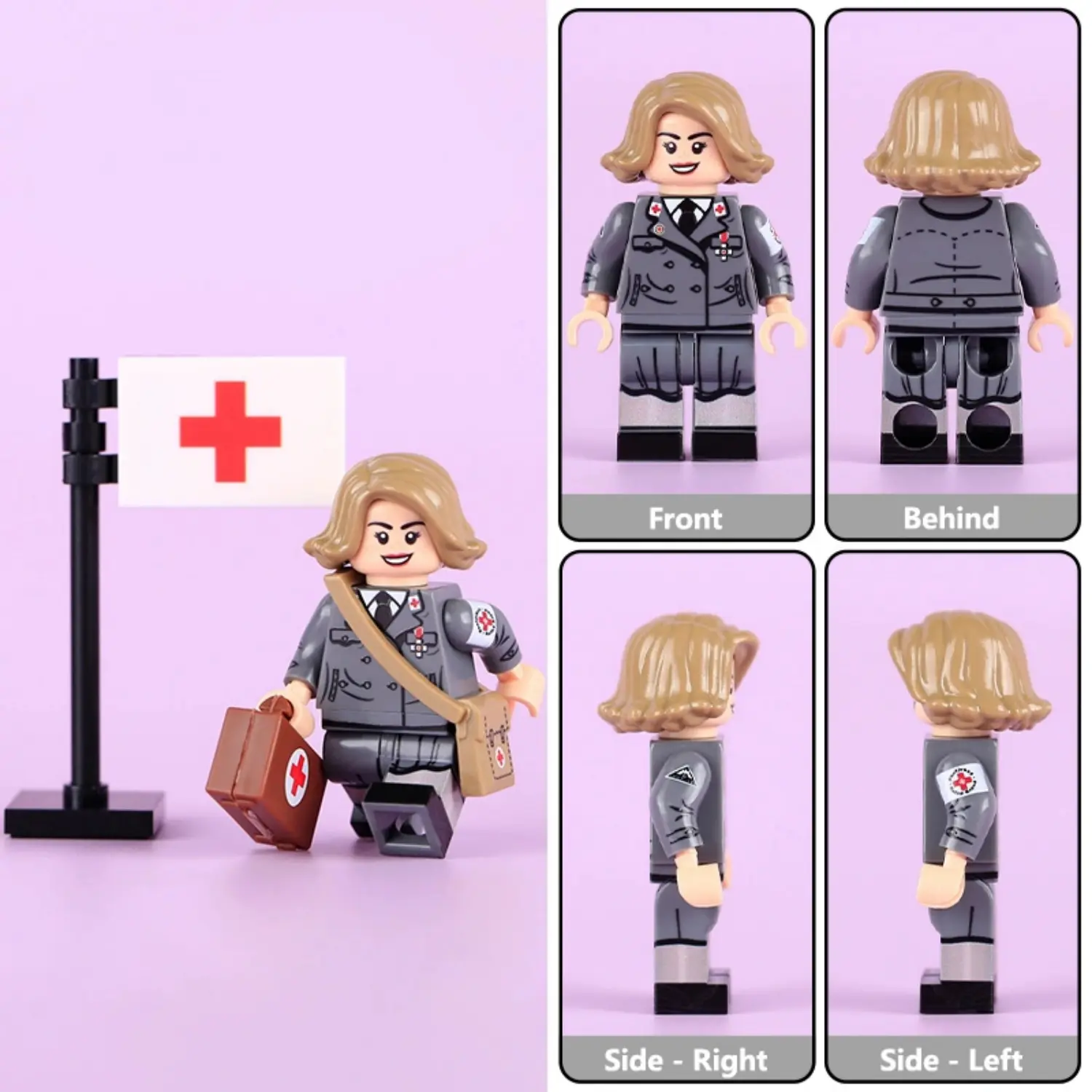 the back and front of Minifigure - German Red Cross Nurse (DRK-Schwester or Helferin) serving during World War II (LEGO Compatible)