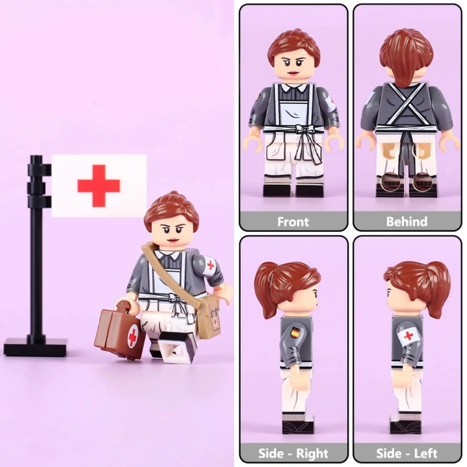the back and front of the Minifigure - Spanish Volunteer Nurse (Enfermera de la División Azul) serving fight alongside the German Army during World War II (LEGO Compatible)