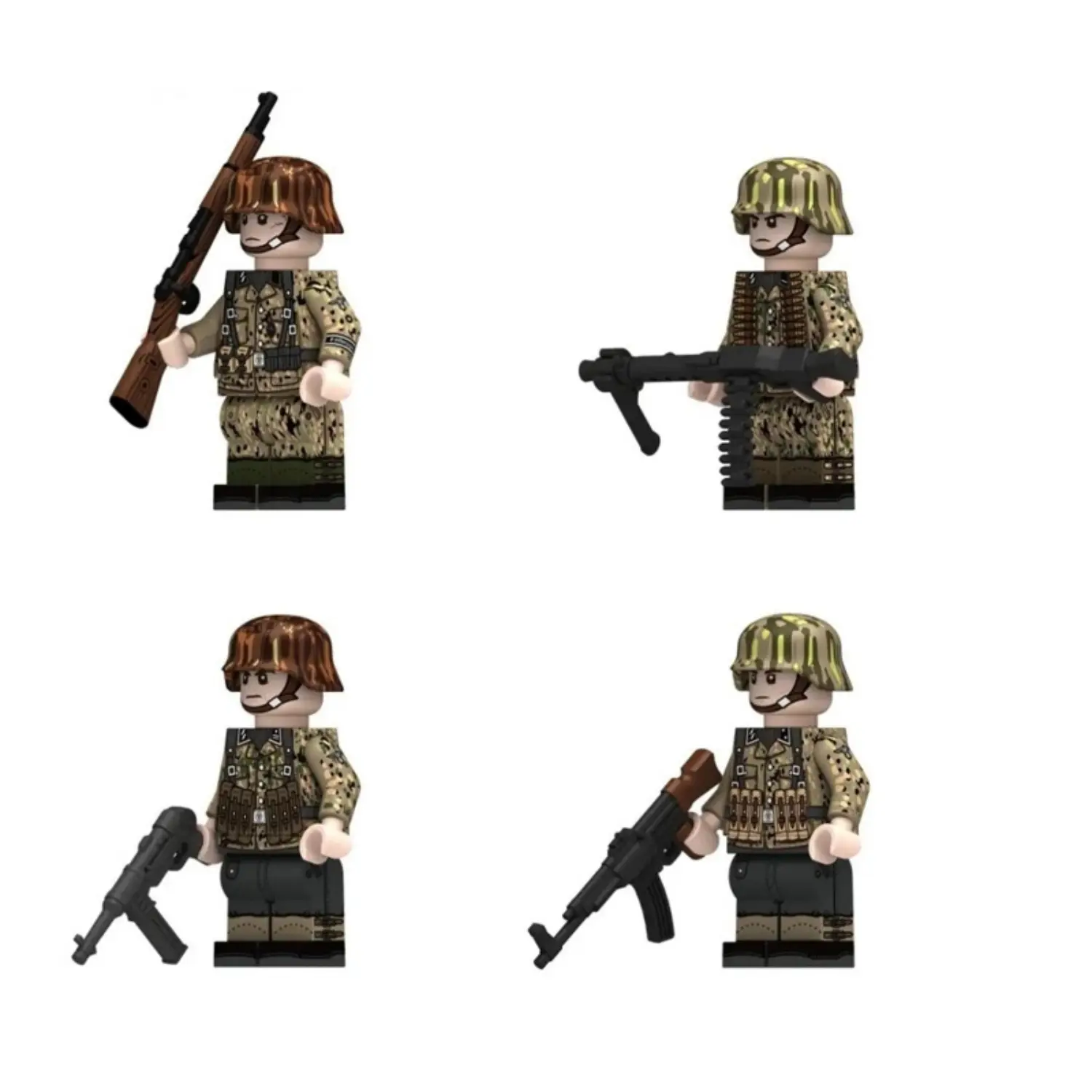 Minifigure – German soldiers features the historic "Pea Dot" (Erbsenmuster) camouflage uniform and helmet World War II (LEGO Compatible)