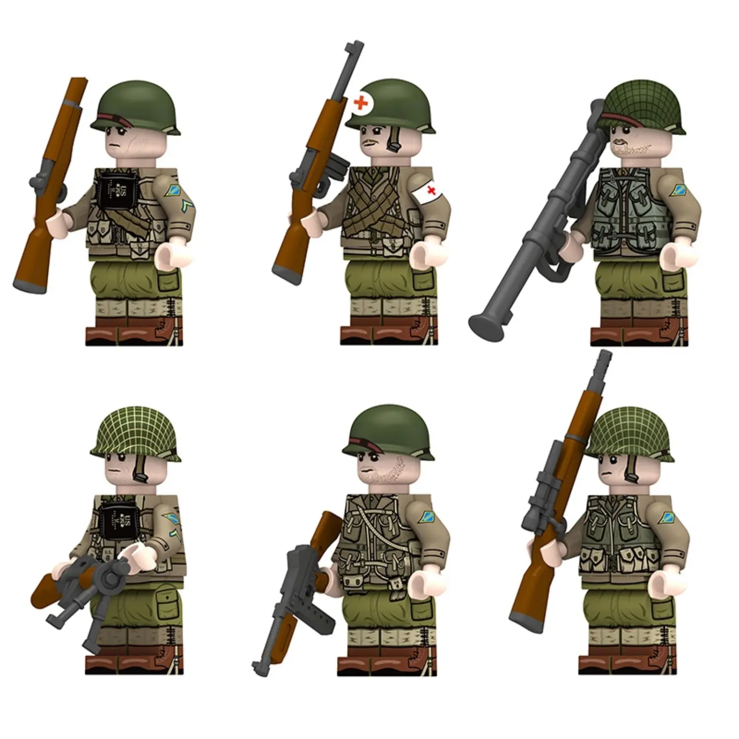 the left side of Minifigure – US Army Ranger Squad equipped for the D-Day invasion of Normandy from World War II (LEGO Compatible) Minifigure – US Army Ranger Squad equipped for the D-Day invasion of Normandy from World War II (LEGO Compatible)