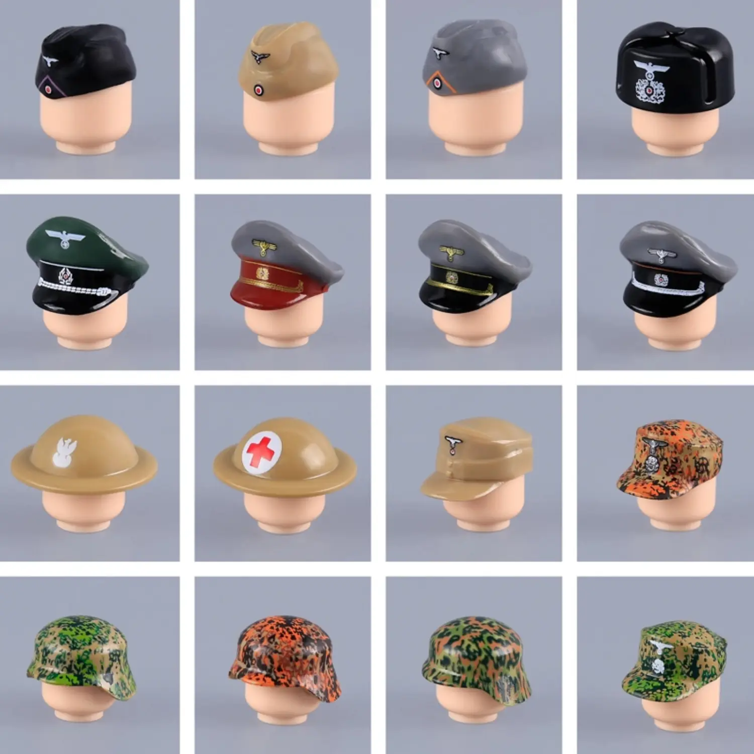 Custom Piece Miniature – 16-Piece WWII Military Headgear Pack – 3D Print for LEGO minifigure