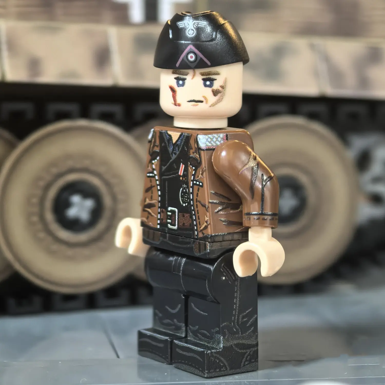 Minifigure - German Panzer Commander (Normandy 1944 Hitlerjugend Division Style) WWII (LEGO Compatible) in the front of a tank