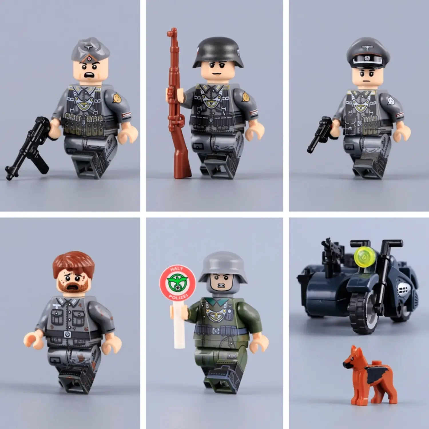 Minifigure - a full squad of German Feldgendarmerie (Military Police) using a motorcycle sidecar to intercept and arrest a fleeing German soldier WWII (LEGO Compatible) 2