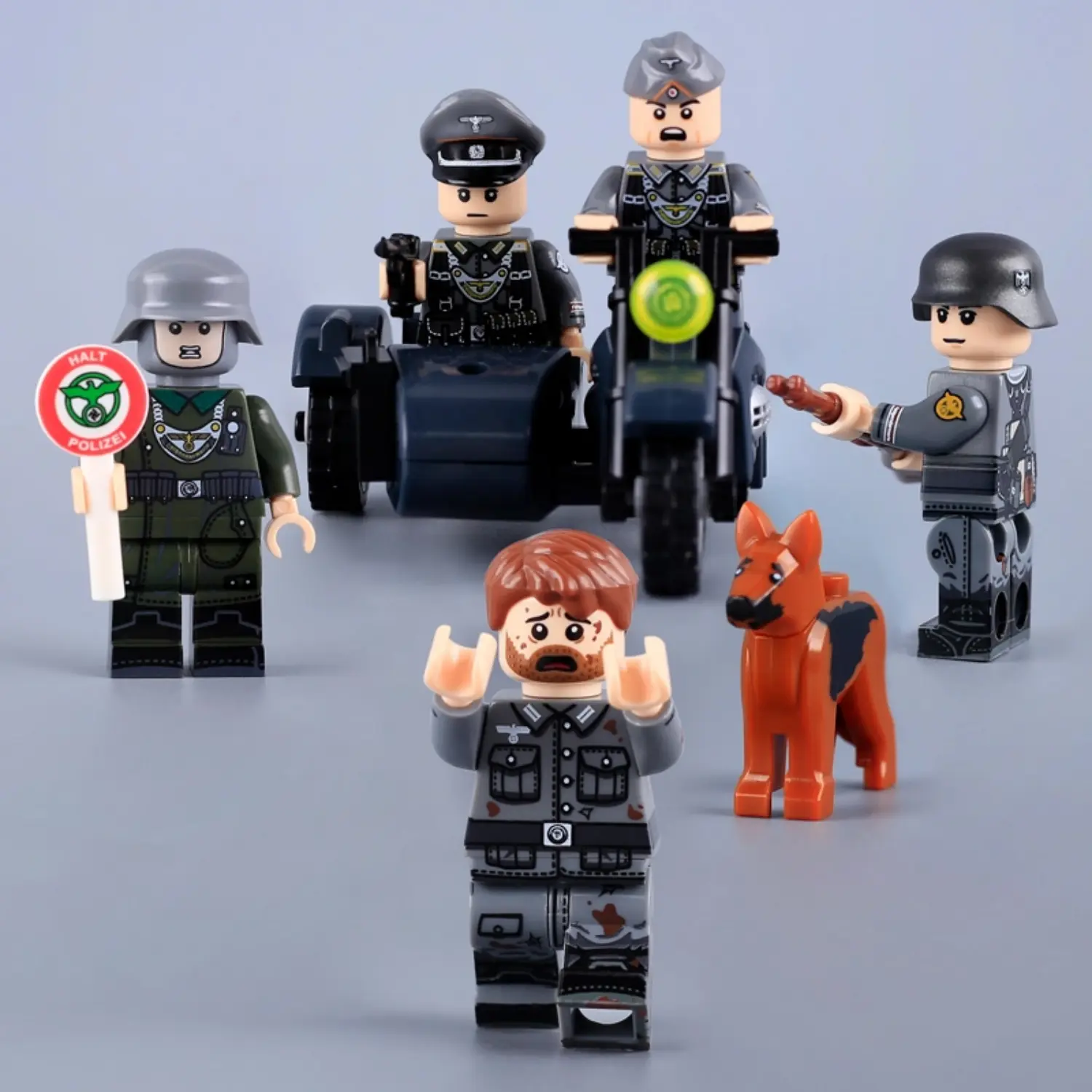 Minifigure - a full squad of German Feldgendarmerie (Military Police) using a motorcycle sidecar to intercept and arrest a fleeing German soldier WWII (LEGO Compatible)