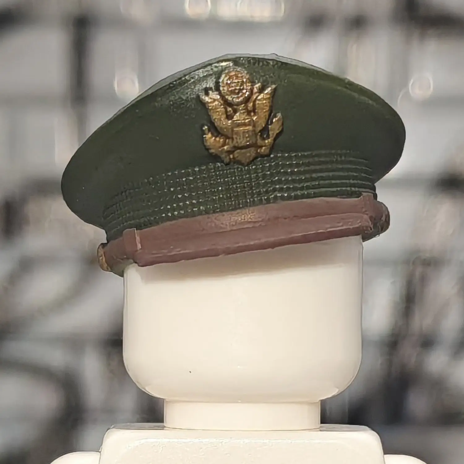 Custom Piece Miniature – US Army Officer Peaked Cap (Tilted Crush Style) (Olive Green, Tilted Wear) – 3D Print for LEGO minifigure Custom Piece Miniature – US Army Officer Peaked Cap (Tilted Crush Style) (Olive Green, Tilted Wear) – 3D Print for LEGO minifigure