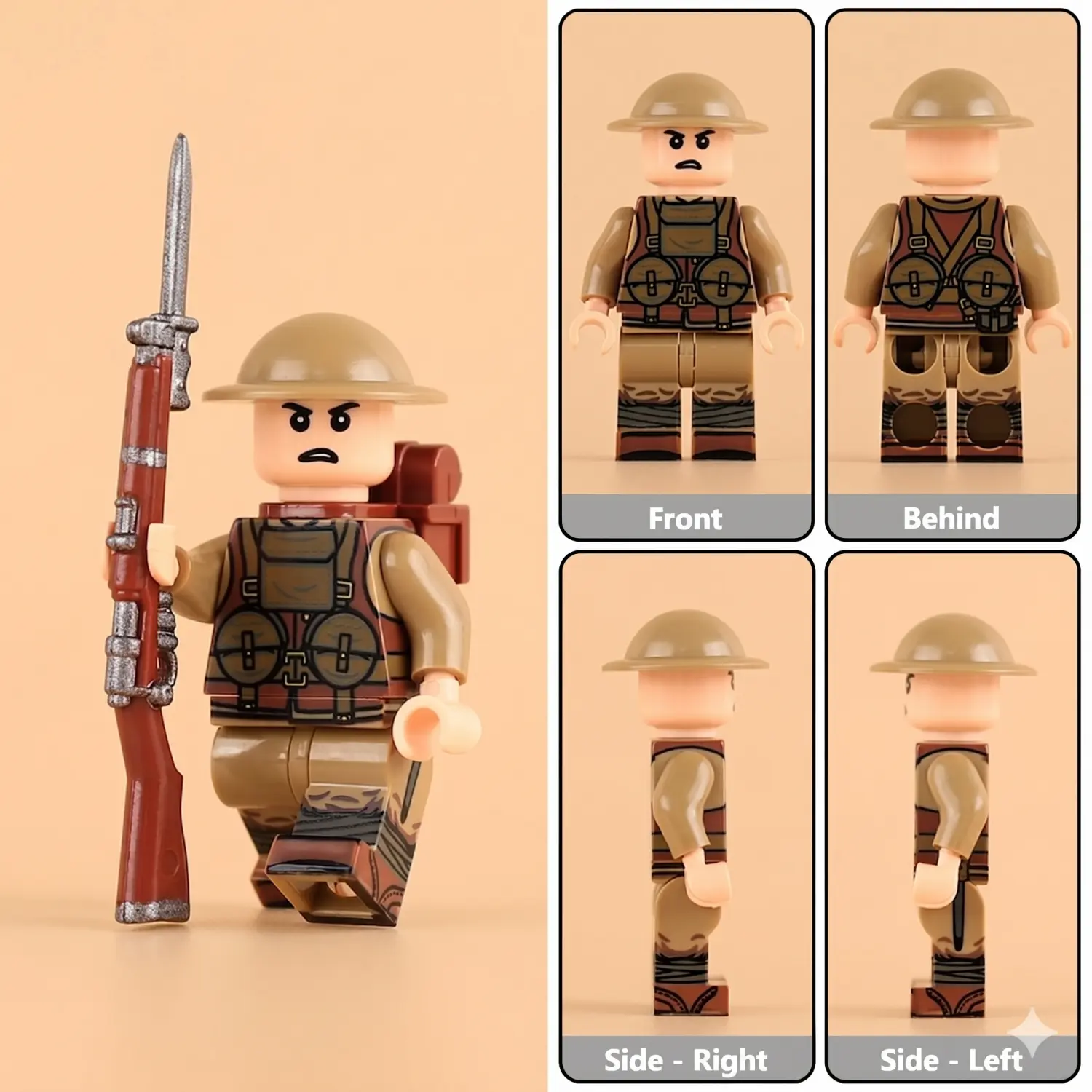 Minifigure - British Army Lewis Gun Assistant (with Drum Pouches & Bayonet) WWI (LEGO Compatible)