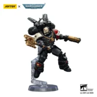 Action Figure Blood Angels Lemartes On Display Stand With Jump Pack, Blood Crozius And Absolver Bolt Pistol 1 18 Joytoy Warhammer 40k In Whtie Background