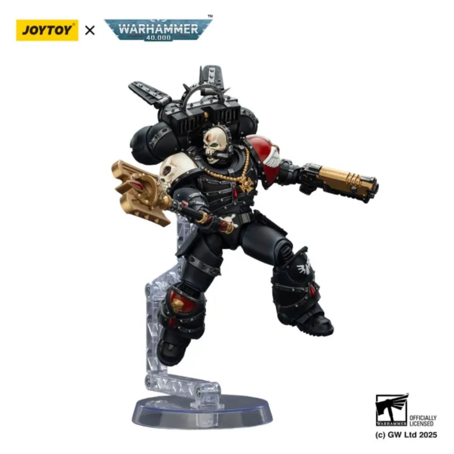 Action Figure Blood Angels Lemartes On Display Stand With Jump Pack, Blood Crozius And Absolver Bolt Pistol 1 18 Joytoy Warhammer 40k In Whtie Background