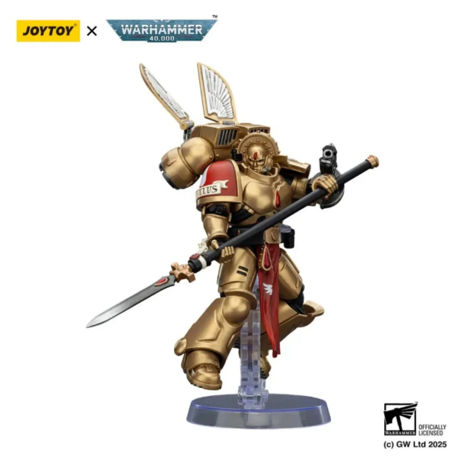 Action Figure - Blood Angels Sanguinary Guard 2 on display stand with Angelus Boltgun and Encarmine Spear 1 18 - JOYTOY Warhammer 40K in white background Action Figure Blood Angels Sanguinary Guard 2 On Display Stand With Angelus Boltgun And Encarmine Spear 1 18 Joytoy Warhammer 40k In White Background
