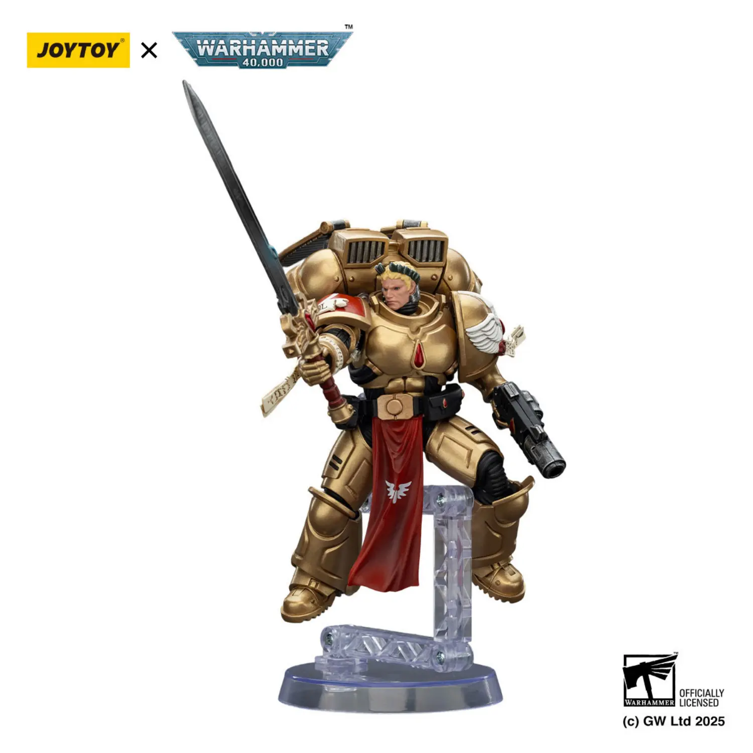 Action Figure Blood Angels Sanguinary Guard On Display Stand With Inferno Pistol & Encarmine Blade 1 18 Joytoy Warhammer 40k In White Background
