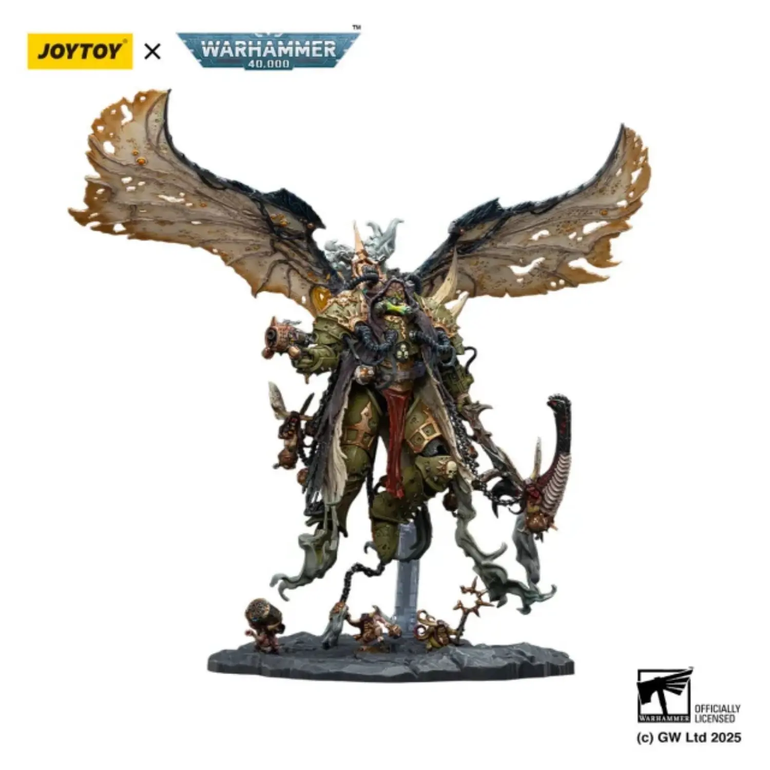 Action Figure Chaos Space Marines Death Guard Mortarion, Daemon Primarch Of Nurgle On Display Stand With Ancient Weapons 'the Lantern' And 'silence' 1 18 Joytoy Warhammer 40k In White Background