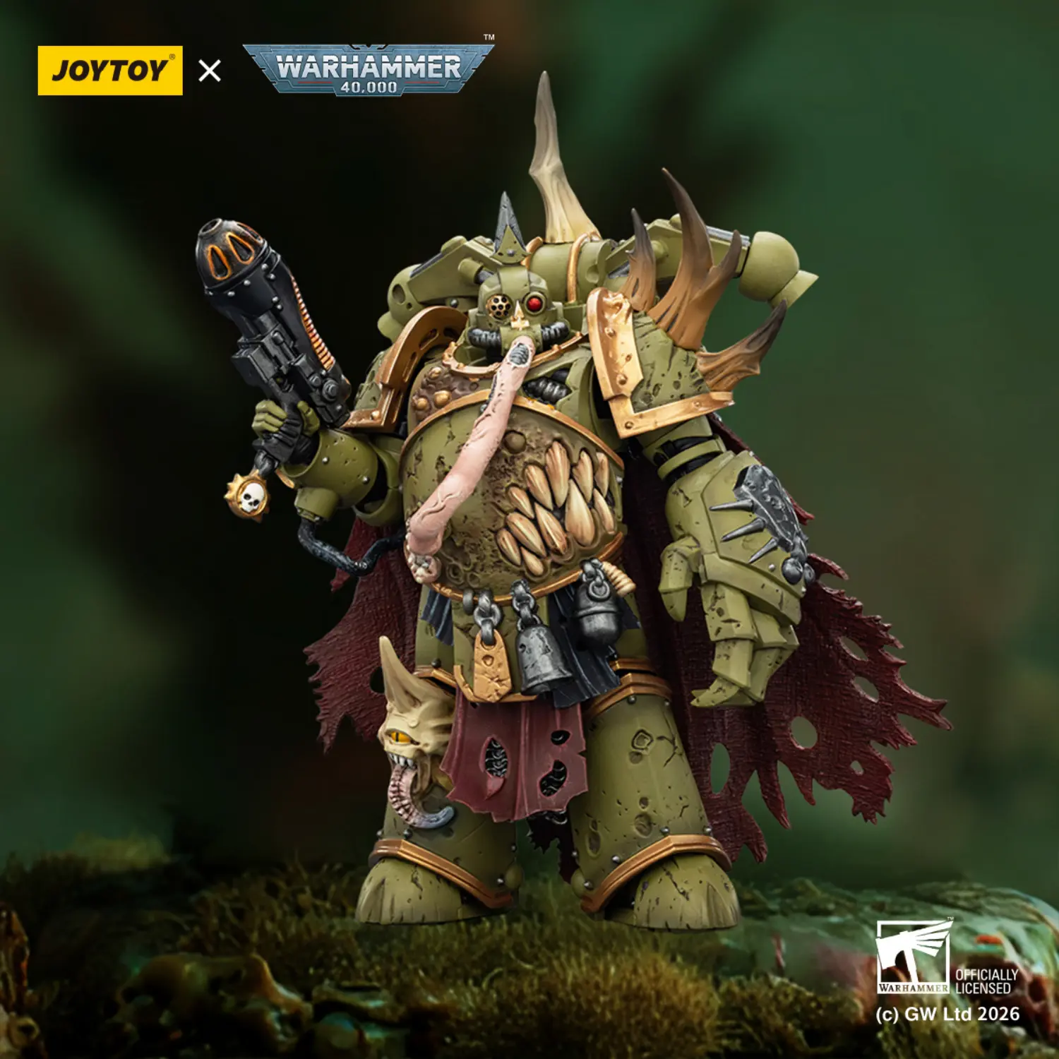 Action Figure Chaos Space Marines Death Guard Plague Marine Champion With Plasma Pistol And Power Fist 1 18 Joytoy Warhammer 40k In Green Battlefields Background