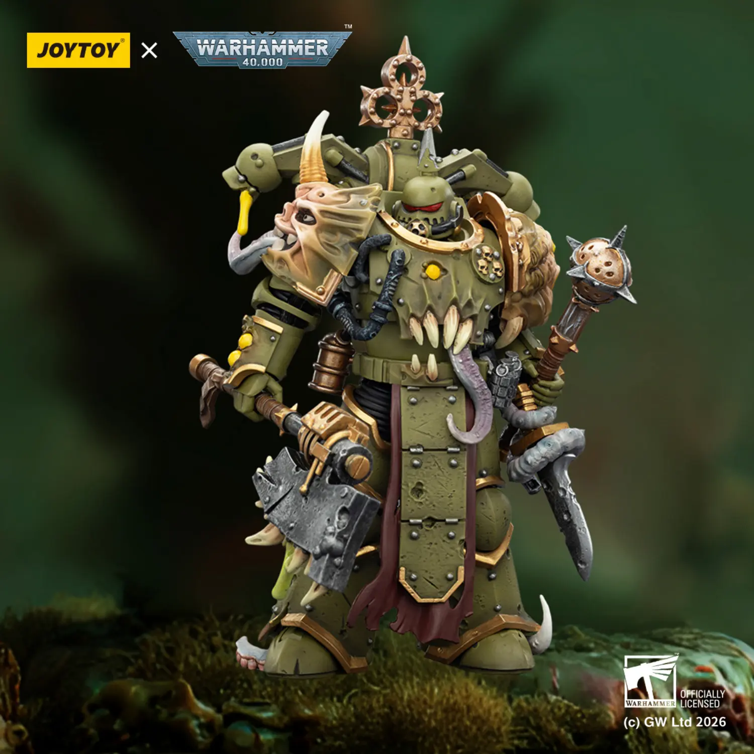 Action Figure - Chaos Space Marines Death Guard Plague Marine (with Bubotic Axe and Plague Weapons) 1 18 - JOYTOY Warhammer 40K in green battlefield background Action Figure Chaos Space Marines Death Guard Plague Marine (with Bubotic Axe And Plague Weapons) 1 18 Joytoy Warhammer 40k In Green Battlefield Background