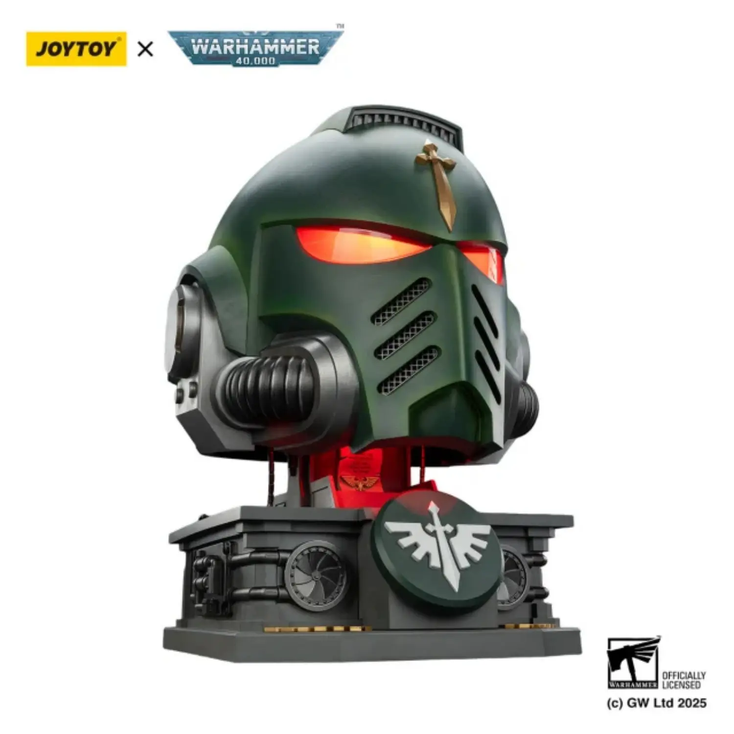 Action Figure Helmet - Dark Angels MkX 1 1 Life-Size Wearable Replica with red light and Display Stand - JOYTOY Warhammer 40K in white background Action Figure Helmet Dark Angels Mkx 1 1 Life Size Wearable Replica With Red Light And Display Stand Joytoy Warhammer 40k In White Background