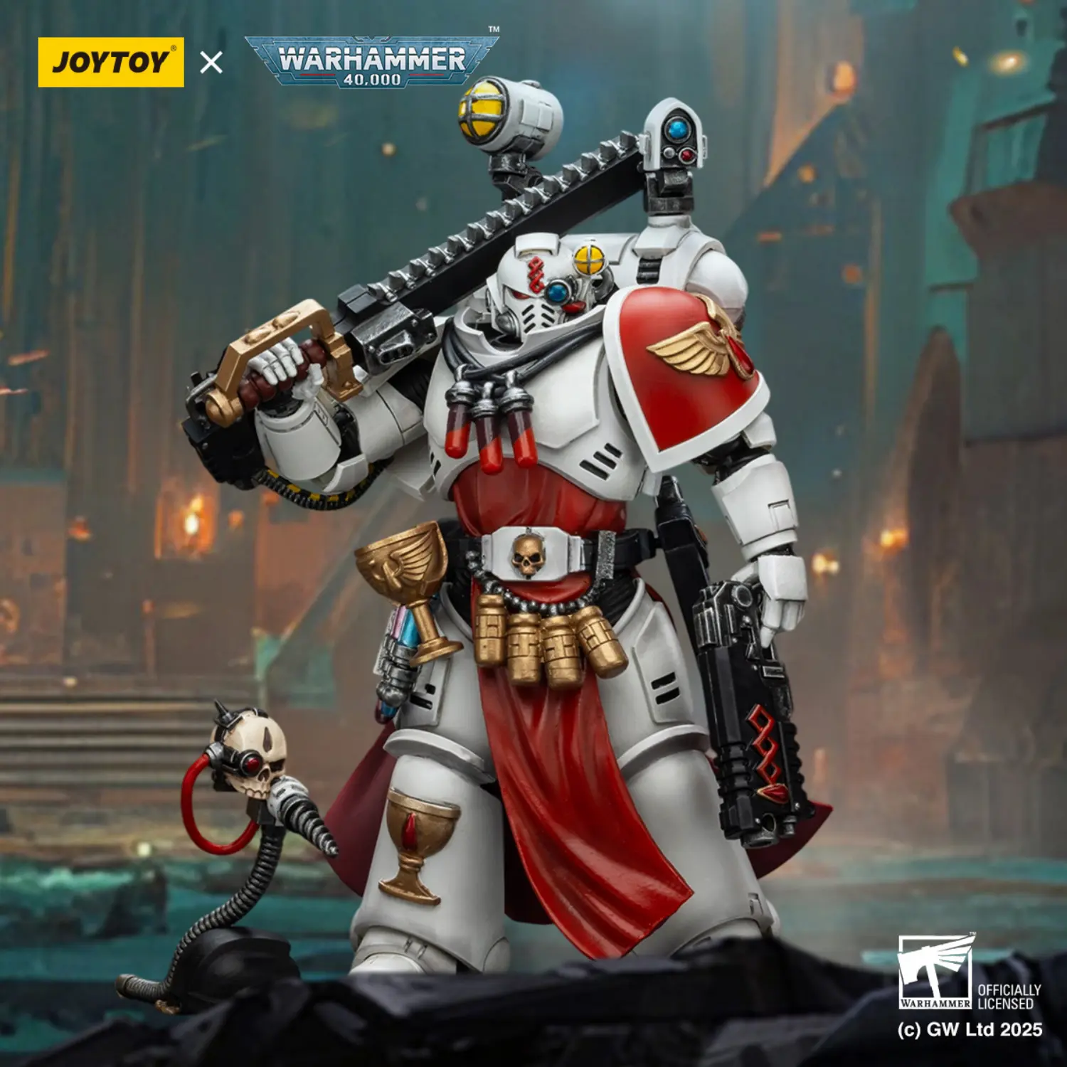 Action Figure - JOYTOY Blood Angels Sanguinary Priest with Heavy Bolt Pistol, Chainsword and Narthecium 1 18 - Warhammer 40K in light green background