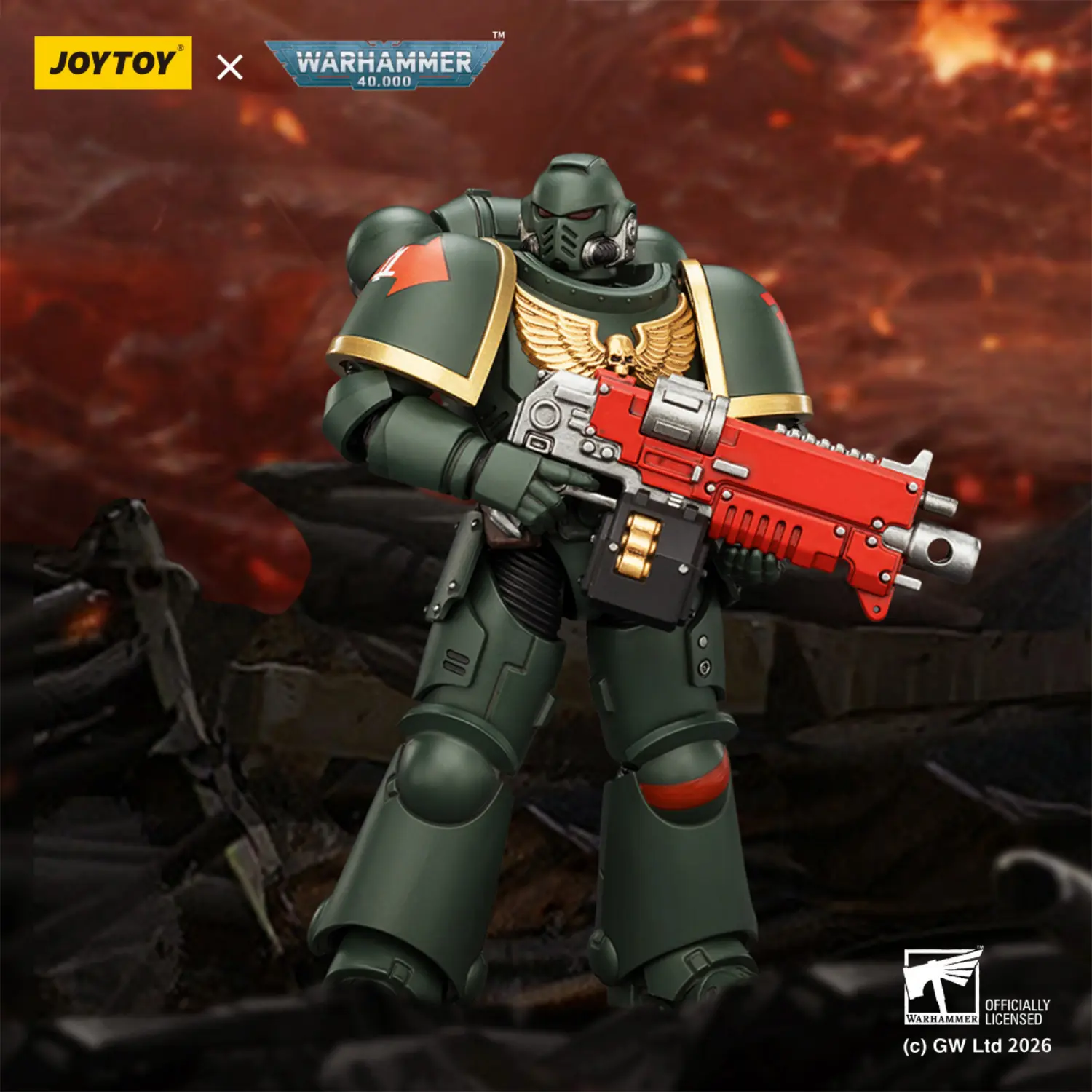 Action Figure - JOYTOY Dark Angels Intercessor with Bolt Rifle, Bolt Pistol and Chainsword 1 18 - Warhammer 40K in dark red background