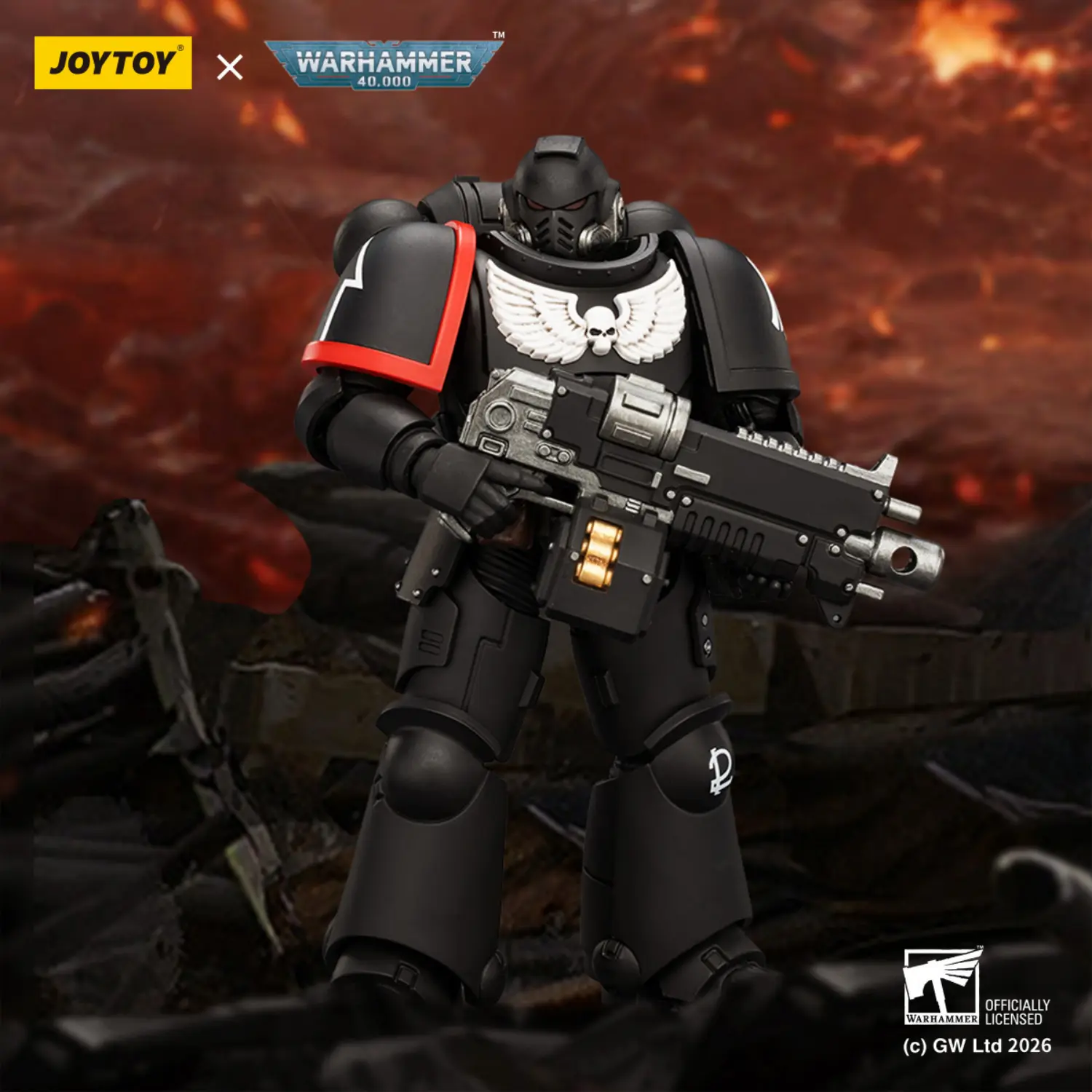 Action Figure - JOYTOY Raven Guard Intercessor with Bolt Rifle, Bolt Pistol, and Chainsword 1 18 - Warhammer 40K in dark red background