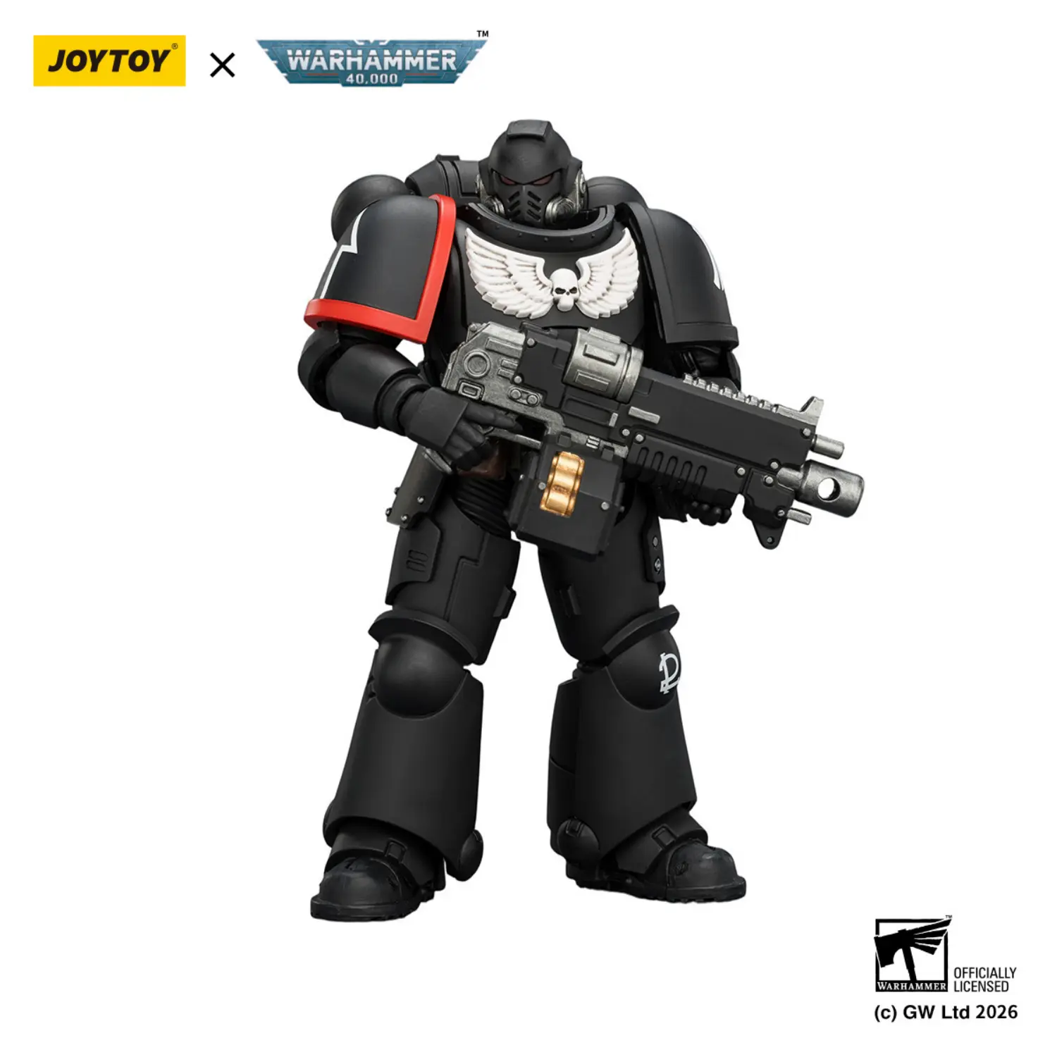 Action Figure - JOYTOY Raven Guard Intercessor with Bolt Rifle, Bolt Pistol, and Chainsword 1 18 - Warhammer 40K in white background 4