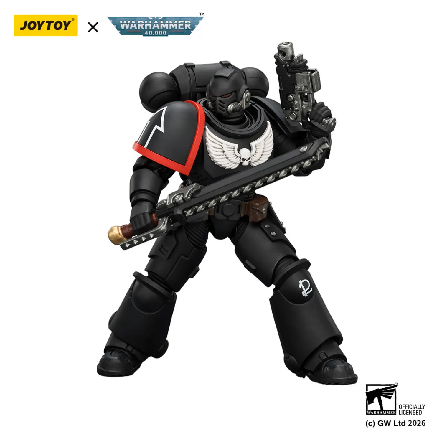 Action Figure - JOYTOY Raven Guard Intercessor with Bolt Rifle, Bolt Pistol, and Chainsword 1 18 - Warhammer 40K in white background 6