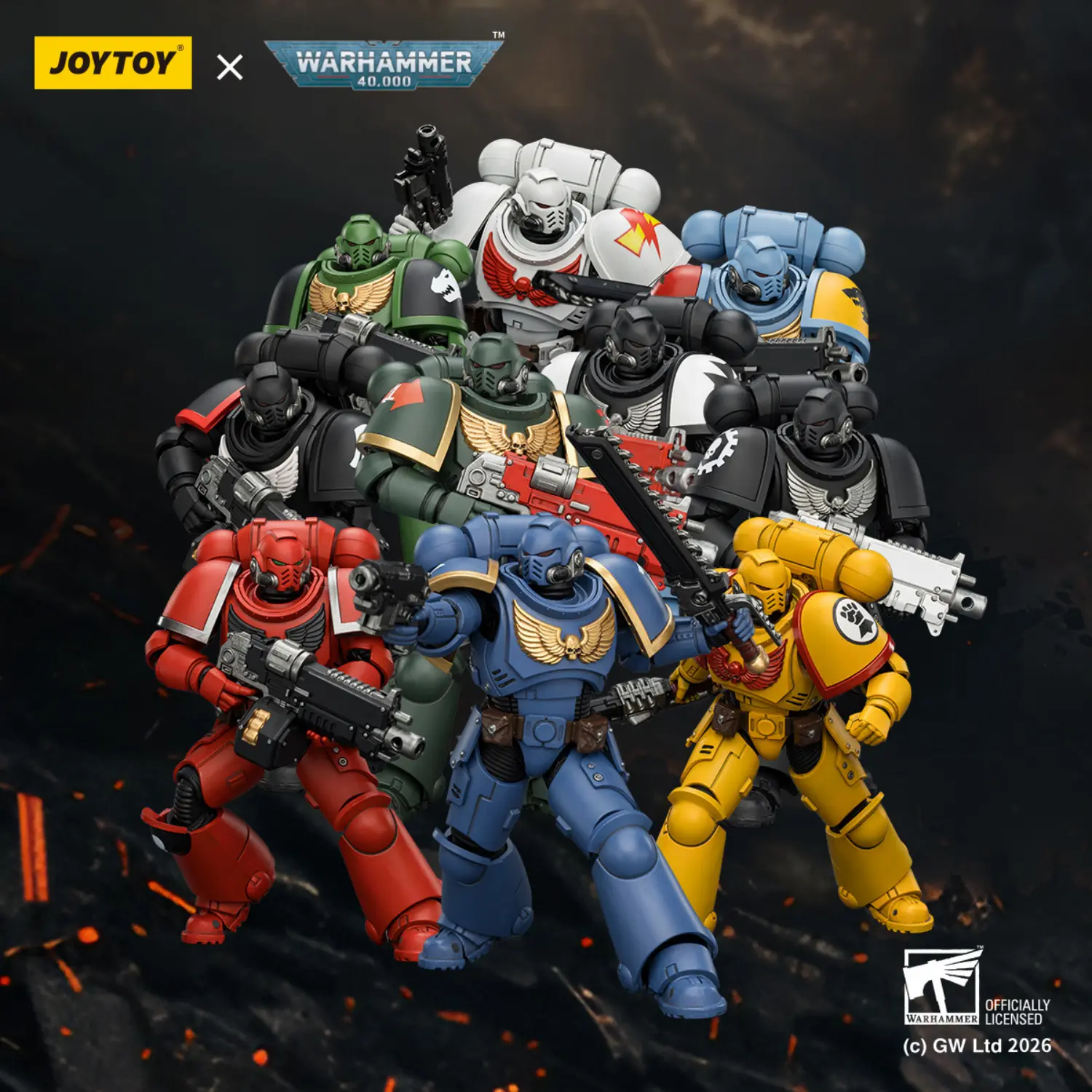 Action Figure - JOYTOY Space Marine Primaris Intercessors 10-Chapter Collection 1 18 - Warhammer 40K in dark background