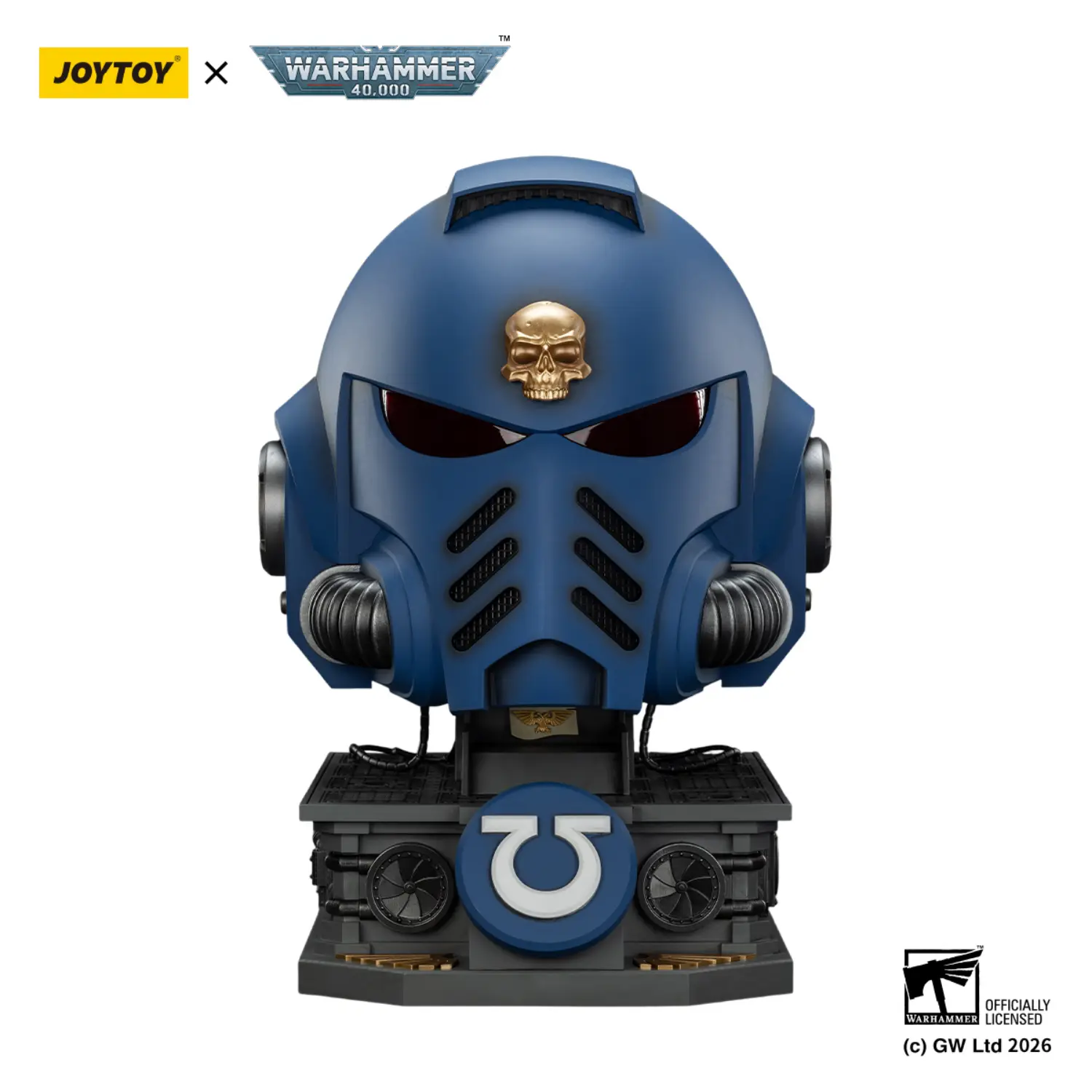Action Figure Joytoy Ultramarines Captain Mkx Helmet & Display Stand 1 1 Life Size Replica Warhammer 40k In White Background 1