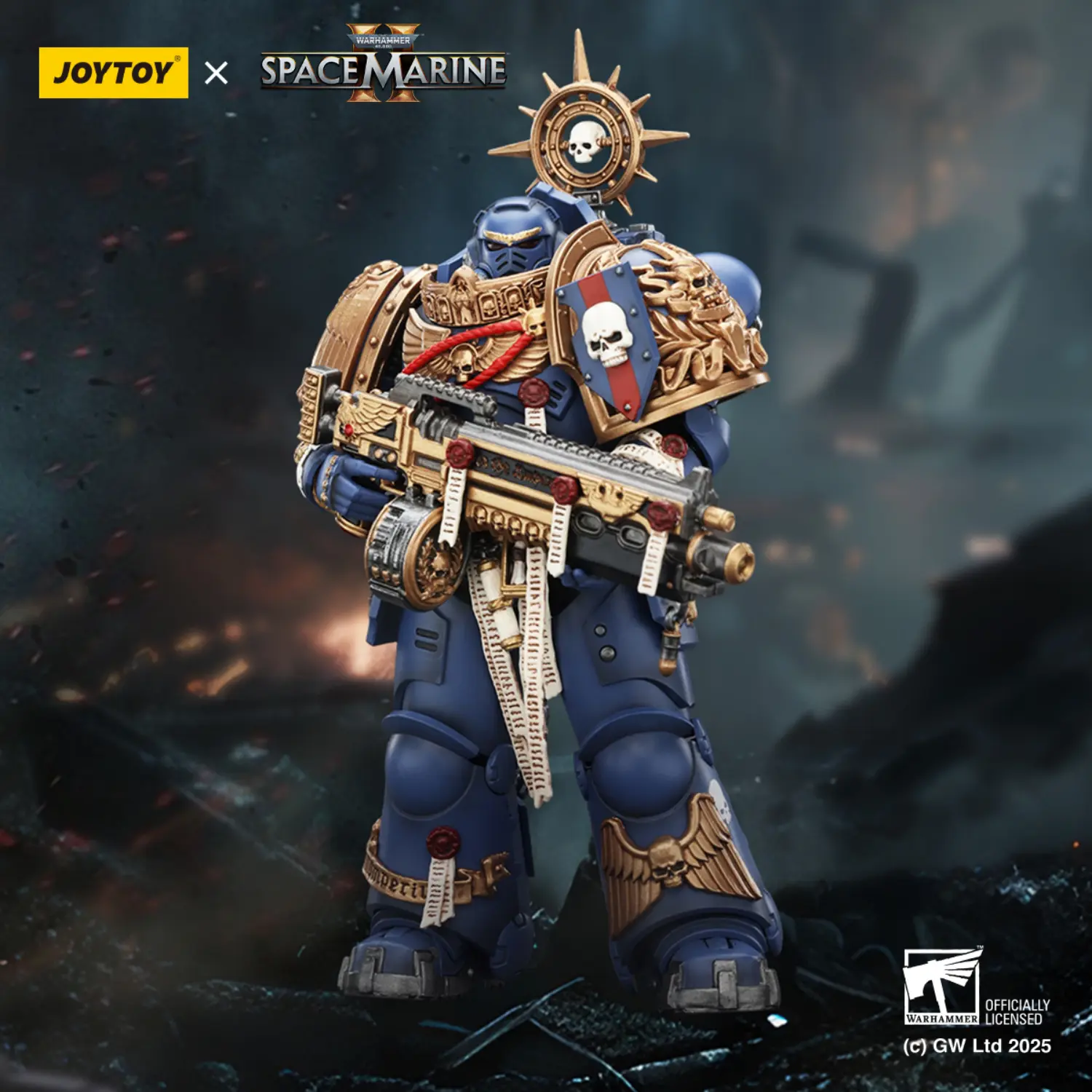 Action Figure - JOYTOY Ultramarines Heavy Relic Primus Armor with Heavy Relic Bolt Rifle 1 18 - Warhammer 40K in dark blue background